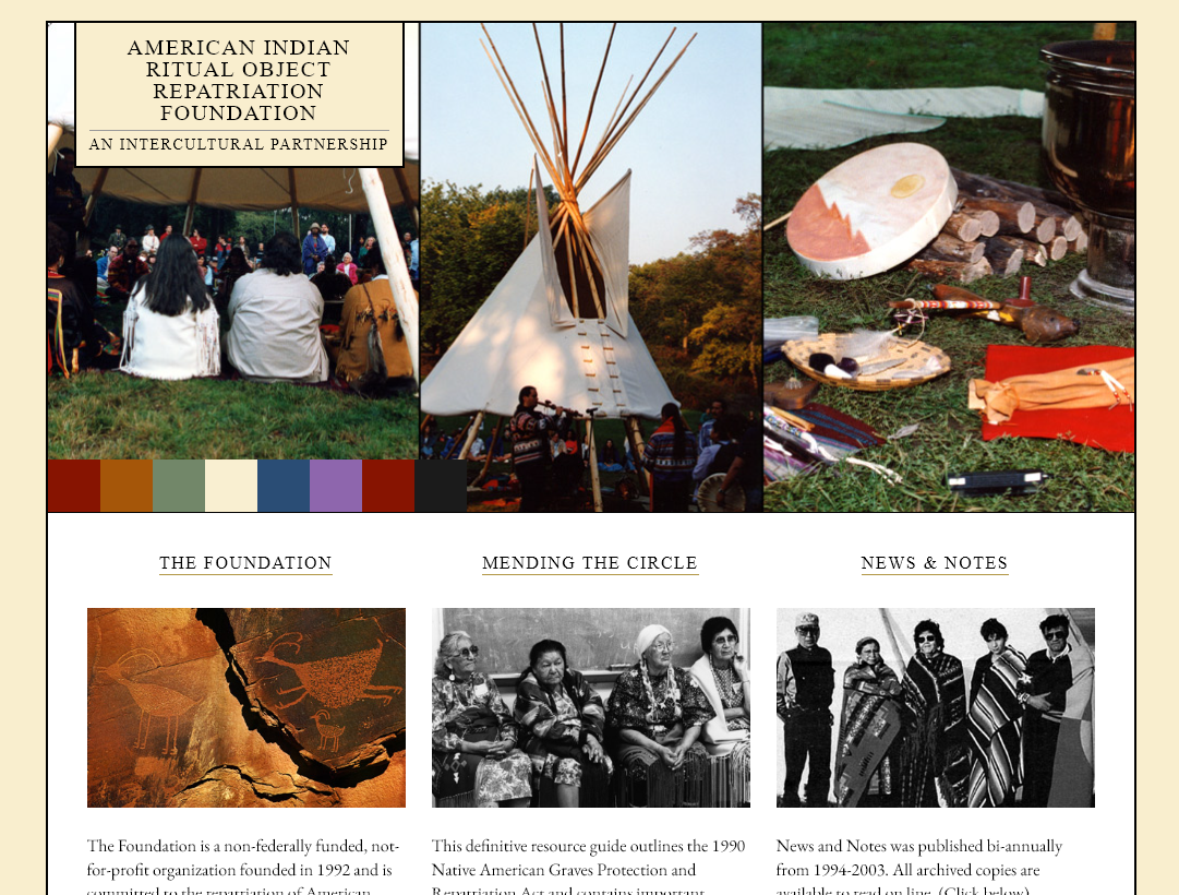 screenshot of attractive web page with photos of people, teepee, drums, etc